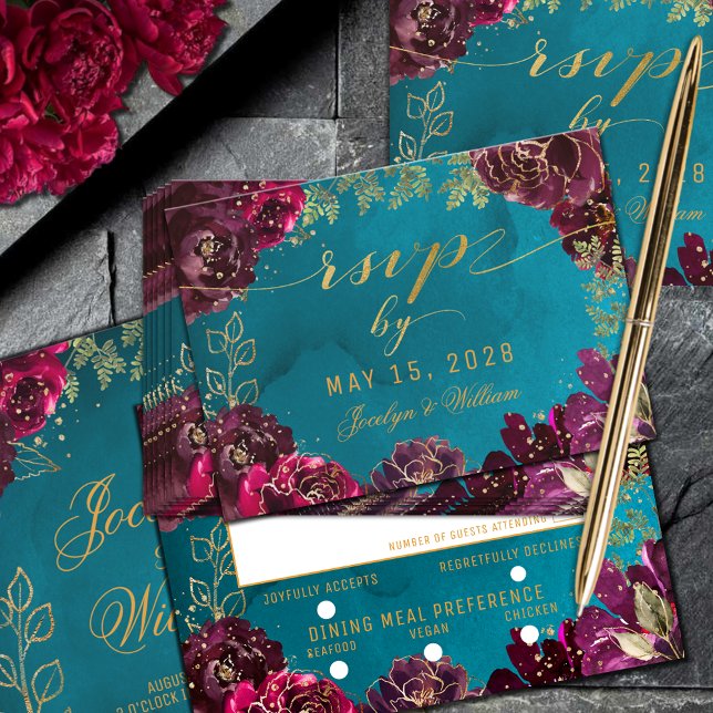 Cartão RSVP Aqua Teal Merlot Jewel Tone Dourado Meal Choice RS (Aqua Teal Merlot Gold Jewel Tone Wedding Meal Choice RSVP Enclosure Card)