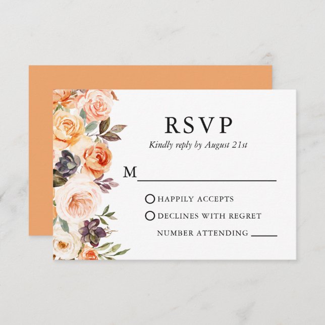 Cartão RSVP Aquarela Autumn Floral Weding Peach (Frente/Verso)
