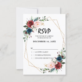 Cartão RSVP Aquarela Burgundy Azul Naval Floral Geométrico