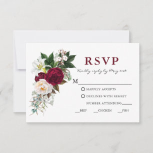 Cartão RSVP Aquarela Burgundy Floral Verdejante Refeição RSPV