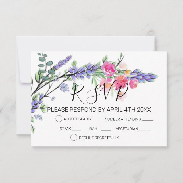 Cartão RSVP Aquarela elegante de lavanda e eucalipto com rosas (Frente)