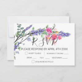 Cartão RSVP Aquarela elegante de lavanda e eucalipto com rosas