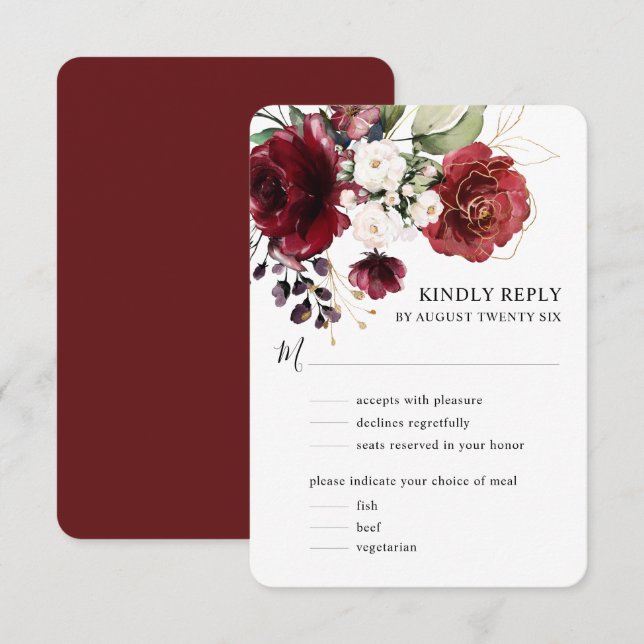 Cartão RSVP Aquarela Elegante Dourado Bordô Floral com Refeiçã (Frente/Verso)