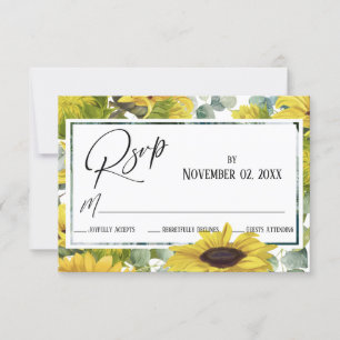 Cartão RSVP Aquarela Elegante Girassol e Eucalyptus