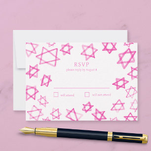 Cartão RSVP Aquarela Estrela de David Rosa Fofo Bar Mitzvah Ba