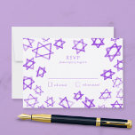 Cartão RSVP Aquarela Estrela de David Roxa Bar Mitzvah<br><div class="desc">Cartão de resposta RSVP perfeito para um bat mitzvah, bar mitzvah ou outra celebração judaica! Arte de aquarela feita à mão para você na frente e no verso! TOTALMENTE PERSONALIZÁVEL! Clique em “Personalizar” acima para editar o texto. Clique em "editar usando a ferramenta de design" para ajustar as fontes, cores...</div>