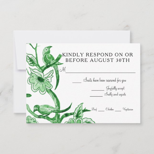 Cartão RSVP Aquarela Floral Asiática em Chinoiserie Azul (Frente)