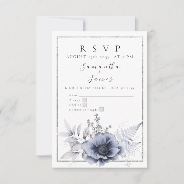 Cartão RSVP Aquarela Floral Boêmio Azul Poeirento  (Frente)