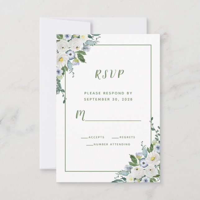 Cartão RSVP Aquarela Floral Elegante Casamento Branco Verde (Frente)