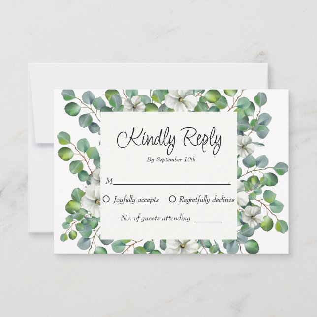 Cartão RSVP Aquarela Floral Eucalipto Verde Casamento (Frente)