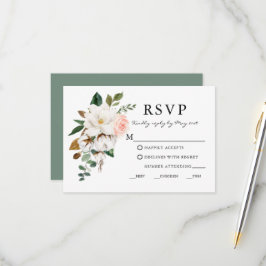 Cartão RSVP Aquarela Magnolias Rosas Sage Verde de Casamento