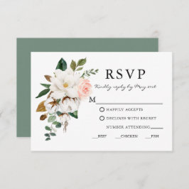 Cartão RSVP Aquarela Magnolias Rosas Sage Verde de Casamento