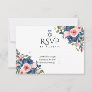 Cartão RSVP Aquarela Naval e Floral Bat Mitzvah Bege