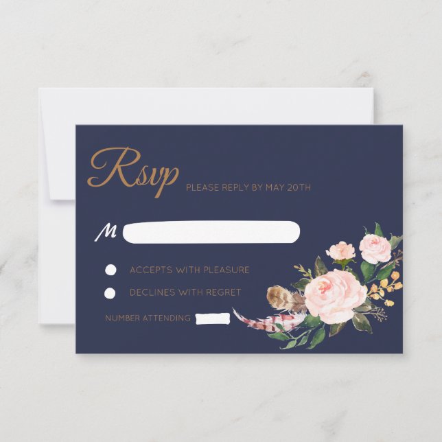 Cartão RSVP Aquarela Rosa Dourado Azul Boho Floral Casamento R (Frente)