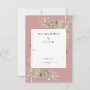 Cartão RSVP Aquarela Rosa Empoeirada Folhagem Dourada