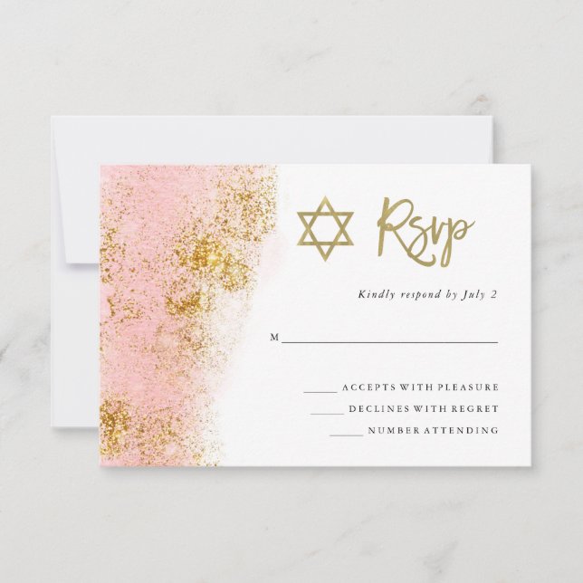 Cartão RSVP Aquarela Rosa | Faux Dourada Bat Mitzvah (Frente)