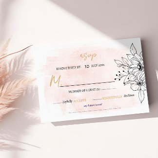Cartão RSVP Aquarela Rosa Romântica com Botânica Preta