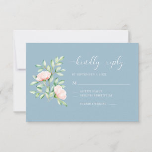 Cartão RSVP Aquarela Rosas De Pêssego Vermelhos Floral Azul