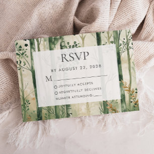 Cartão RSVP Aquarela Rústica Verde Dourado Floresta