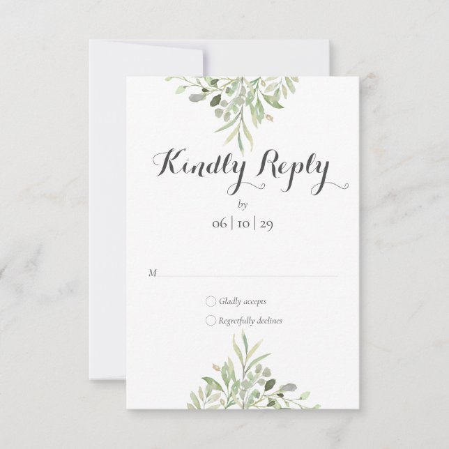 Cartão RSVP Aquarela Verde Elegante Casamento Script (Frente)