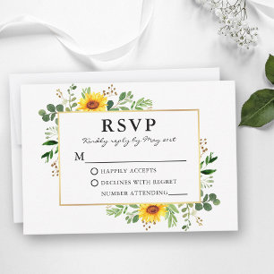 Cartão RSVP Aquarela Verde Girassóis Dourado Casamento