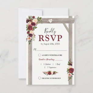 Cartão RSVP Arco de Casamento Floral Rosa Borgonha Rústico Res