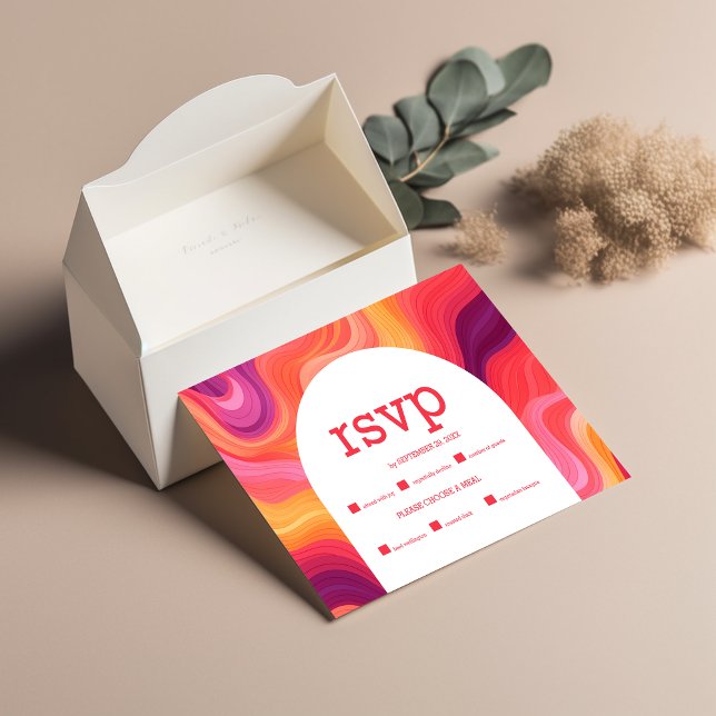 Cartão RSVP Arco de Casamento Groovy Retro Rosa e Laranja (Criador carregado)