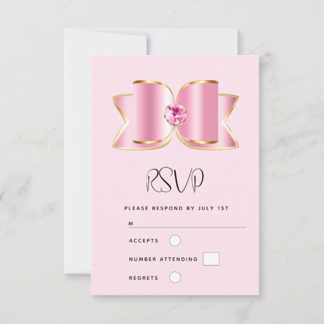 Cartão RSVP Arco de Glam Rosa com Casamento Gemstone Central (Frente)