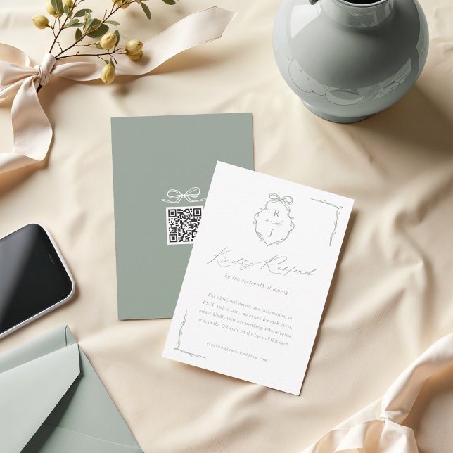 Cartão RSVP Arco Desenhado Mão E Monograma Fita Casamento (Hand Drawn Bow & Ribbon Monogram Crest Wedding RSVP Card)