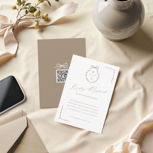 Cartão RSVP Arco Desenhado Mão E Monograma Fita Casamento (Hand Drawn Bow & Ribbon Monogram Crest Wedding RSVP Card)