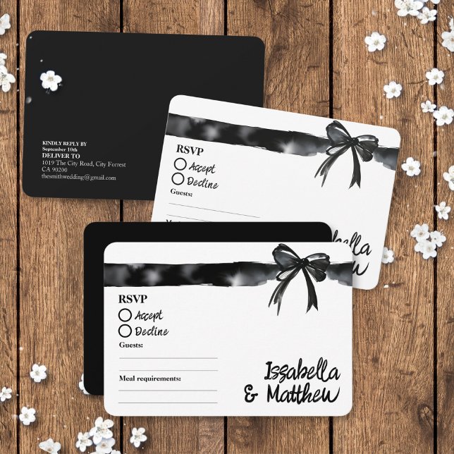 Cartão RSVP Arco Preto e Branco Minimalista Tendência de Respo ( Black and White Bow Minimalist Trendy Wedding RSVP cards with food allergy tick boxes watercolour)