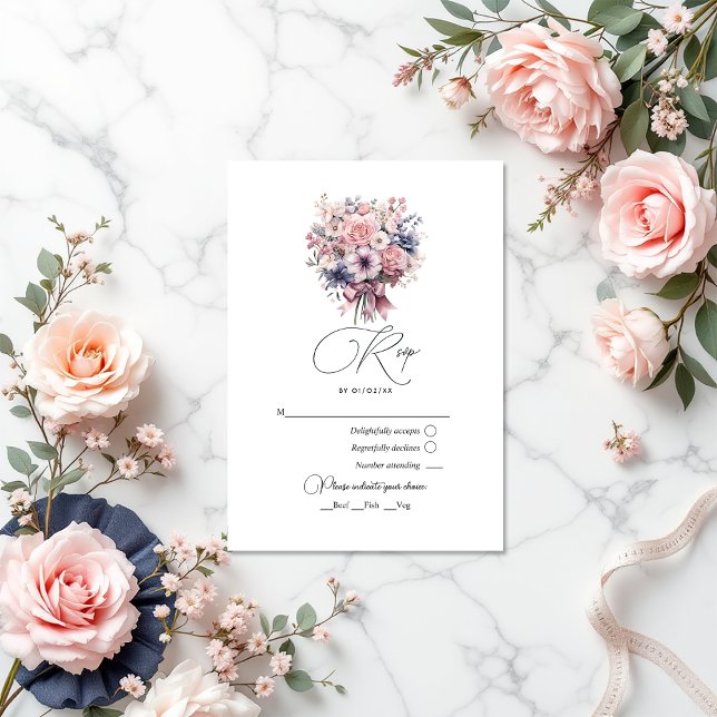 Cartão RSVP Arco rosa Rico e Casamento Buquê Pastel (Love Fancy Pink Bow and Pastel Bouquet Wedding RSVP Card)
