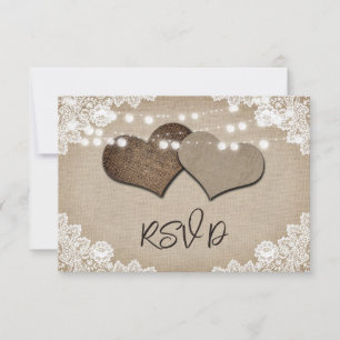Cartão RSVP Arranjo Rustic String Lights Burlap Hearts Casamen