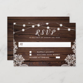 Cartão RSVP Arranjo Rustic Wood Script String Lights & Lace We