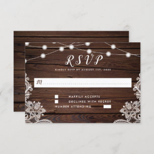 Cartão RSVP Arranjo Rustic Wood Script String Lights & Lace We