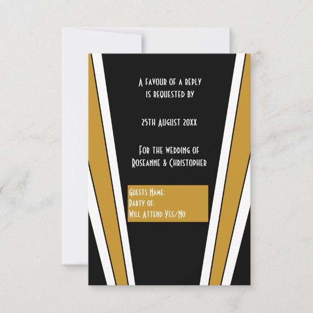 Cartão RSVP Art Deco Design Black E Dourado Casamento (Frente)