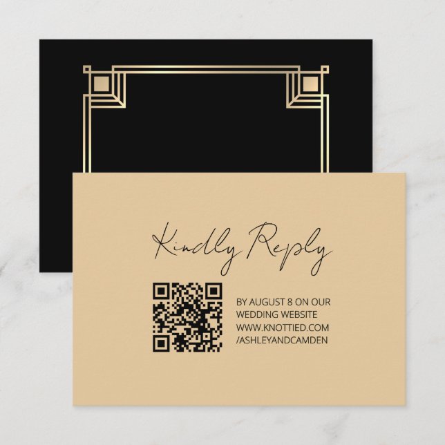 Cartão RSVP Art Deco Gold Frame QR Code Wedding Response Card (Frente/Verso)