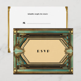 Cartão RSVP Art Déco Ouro Turquesa Preto Casamento