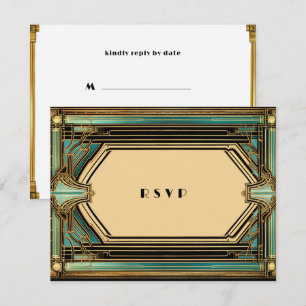 Cartão RSVP Art Déco Ouro Turquesa Preto Casamento