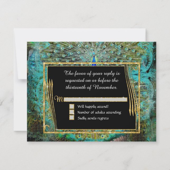 Cartão RSVP Art Deco Peacock Glam Antiga Regência Hollywood (Frente)