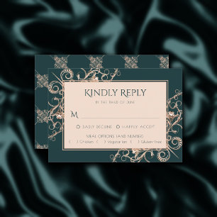 Cartão RSVP Art Deco Retro Opção de entrada verde escura d