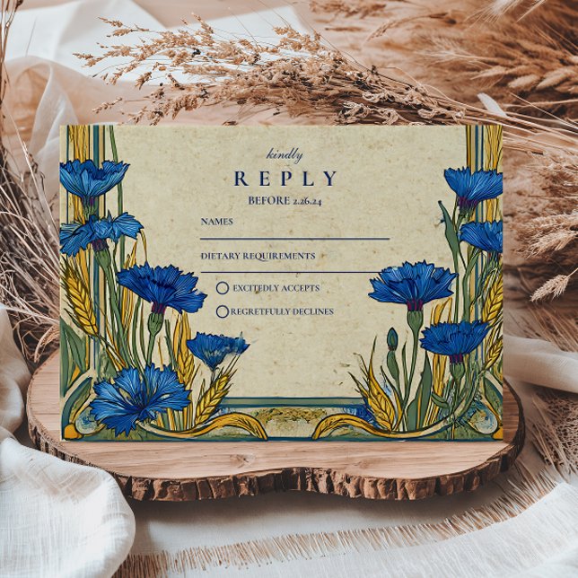 Cartão RSVP Art Nouveau Blue Cornflower Wedding (Criador carregado)