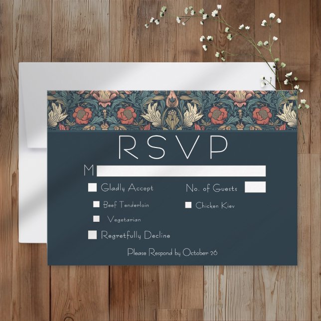 Cartão RSVP Art Nouveau Blue William Morris Floral Wedding (Art Nouveau Blue William Morris Floral Wedding RSVP Card)