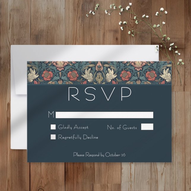 Cartão RSVP Art Nouveau Blue William Morris Floral Wedding (Art Nouveau Blue William Morris Floral Wedding RSVP Card)