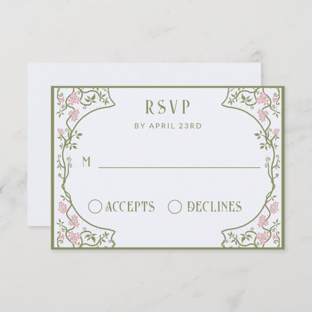 Cartão RSVP Art Nouveau Casamento Floral Verde e Rosa (Frente/Verso)