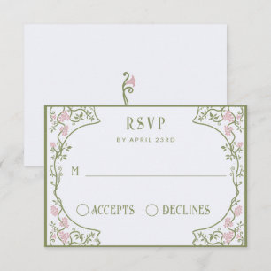 Cartão RSVP Art Nouveau Casamento Floral Verde e Rosa