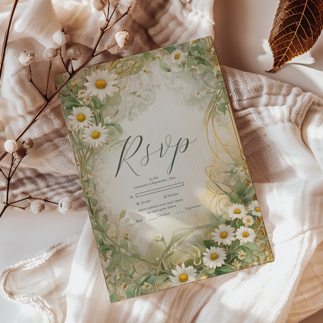 Cartão RSVP Art Nouveau Daisies Ivory Green Wedding (Criador carregado)