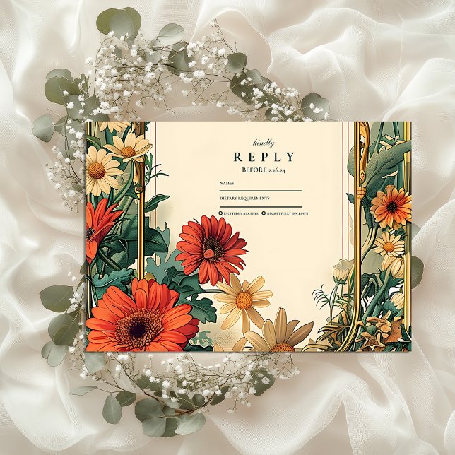 Cartão RSVP Art Nouveau Daisy Frame Wedding (Criador carregado)
