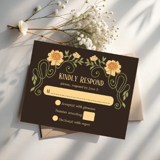 Cartão RSVP Art nouveau dark brown elegant wedding