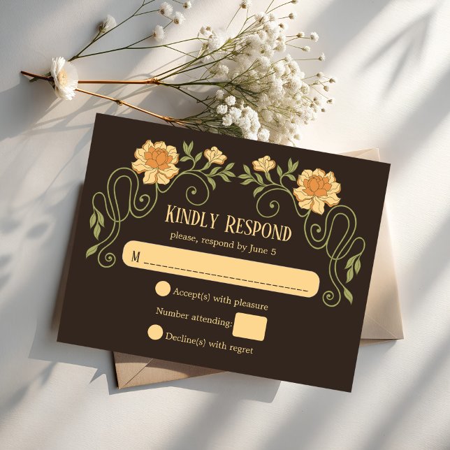 Cartão RSVP Art nouveau dark brown elegant wedding (Art nouveau dark brown flower arch elegant wedding invitation RSVP cards moody noir dark invitations)